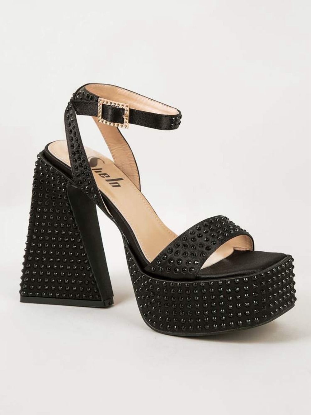 Black Rhinestone Platform Block Heels - Picture 2 of 6